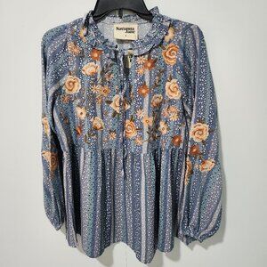 Savanna Jane NEW Dusty Blue Floral BOHO Embroidered Long Sleeve Blouse Top Small